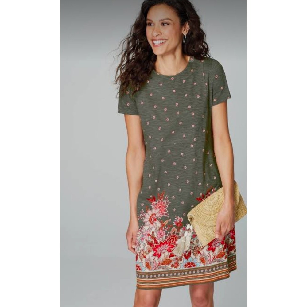 J.Jill Short Sleeve Knit T-shirt Dress Women S Grey Floral Border Print Pockets